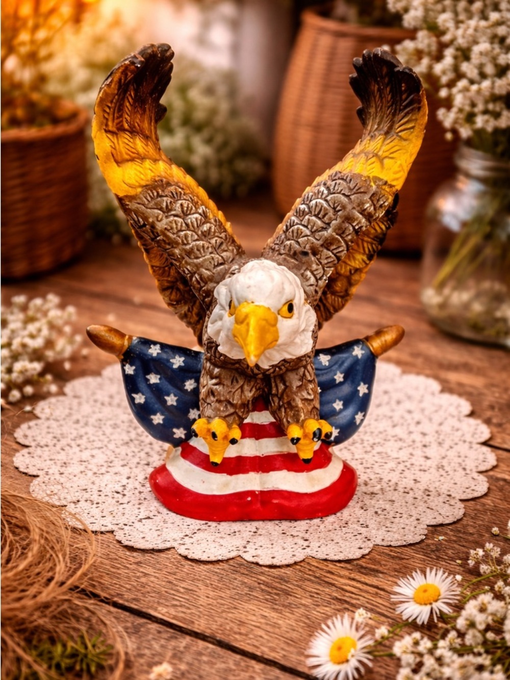Bald Eagle Ceramic Figurine Perched Over An American Flag